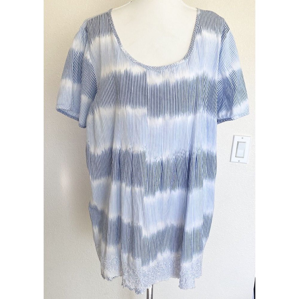 Art and Soul Tunic Women 3X Blue White‎ Boho Ikat Lace Hem Cotton